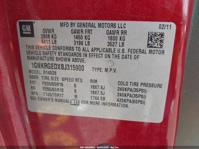 Продажа на аукционе авто 2011 Chevrolet Traverse 1lt, vin: 1GNKRGEDXBJ315900, номер лота: 45040902