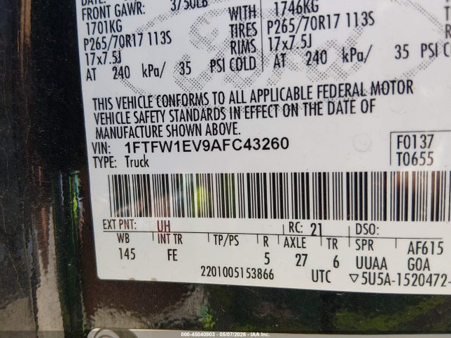 Продажа на аукционе авто 2010 Ford F-150 Fx4/harley-davidson/king Ranch/lariat/platinum/xl/xlt, vin: 1FTFW1EV9AFC43260, номер лота: 45040903