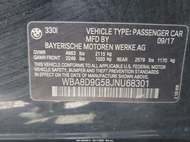 Aukcja sprzedaży 2018 Bmw 330i Xdrive, vin: WBA8D9G58JNU68301, numer aukcji: 45040912