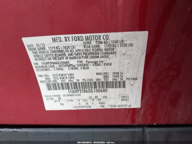 Продажа на аукционе авто 2013 Ford Taurus Limited, vin: 1FAHP2F86DG100680, номер лота: 45040919