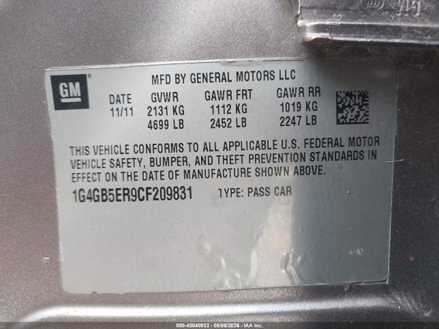 Продаж на аукціоні авто 2012 Buick Lacrosse Convenience Group, vin: 1G4GB5ER9CF209831, номер лоту: 45040933