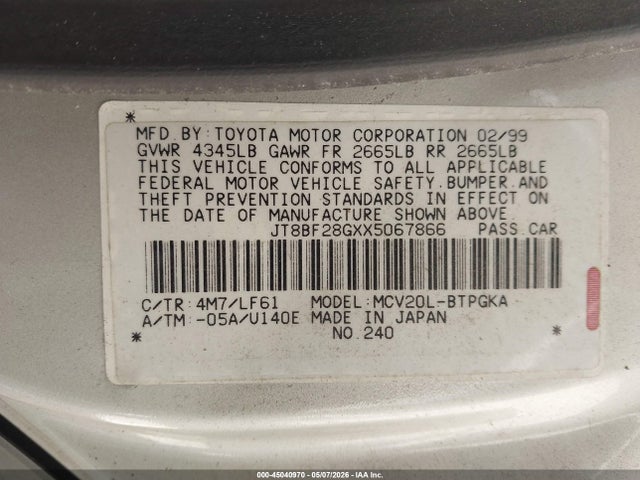 45040970 :رقم المزاد ، JT8BF28GXX5067866 vin ، 1999 Lexus Es 300 مزاد بيع