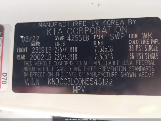 45040998 :رقم المزاد ، KNDCC3LC0N5545122 vin ، 2022 Kia Niro Touring Se مزاد بيع