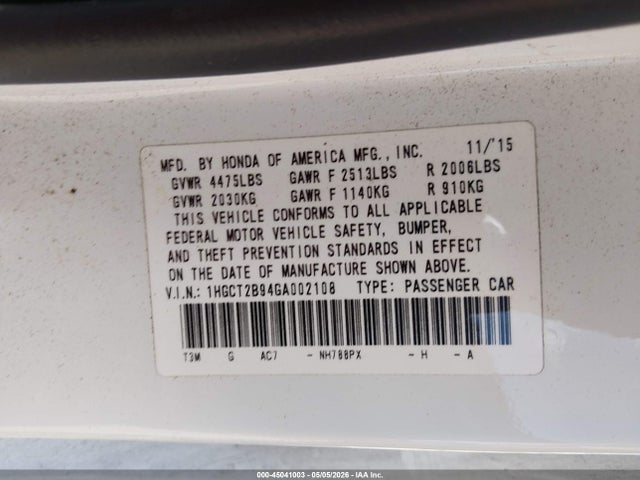 Продаж на аукціоні авто 2016 Honda Accord Ex-l V-6, vin: 1HGCT2B94GA002108, номер лоту: 45041003
