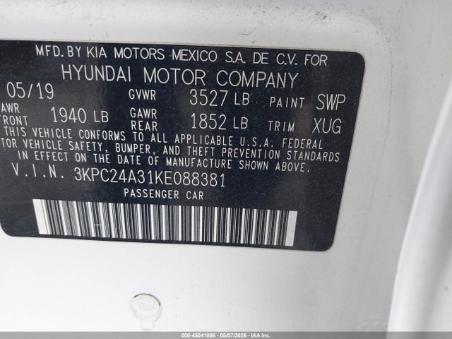 2019 Hyundai Accent Se მანქანა იყიდება აუქციონზე, vin: 3KPC24A31KE088381, აუქციონის ნომერი: 45041006