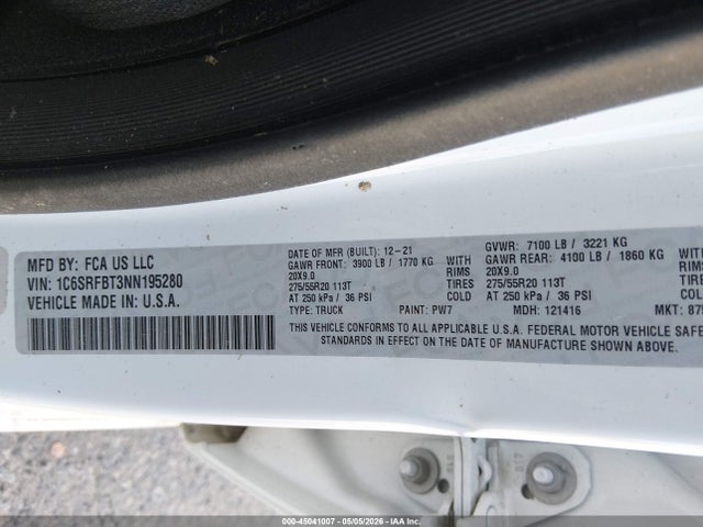 Auction sale of the 2022 Ram 1500 Big Horn  4x4 6'4 Box, vin: 1C6SRFBT3NN195280, lot number: 45041007