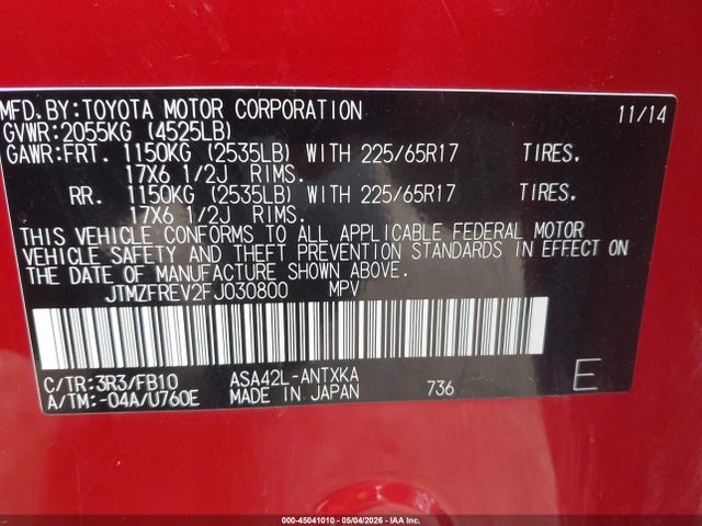 Продаж на аукціоні авто 2015 Toyota Rav4 Le, vin: JTMZFREV2FJ030800, номер лоту: 45041010