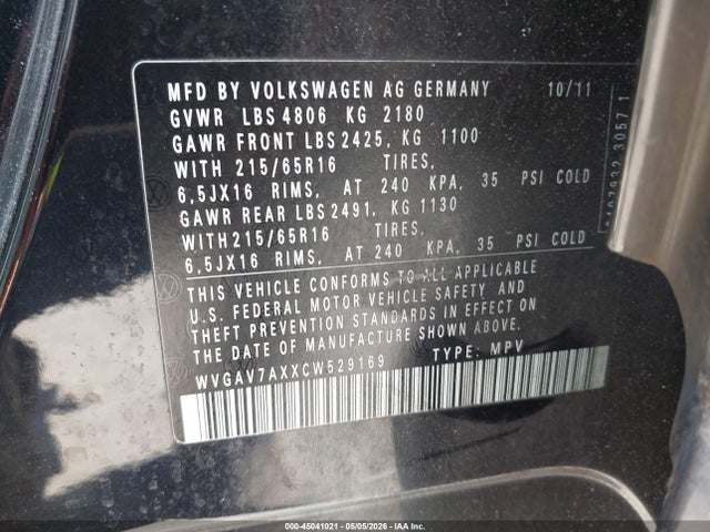 45041021 :رقم المزاد ، WVGAV7AXXCW529169 vin ، 2012 Volkswagen Tiguan S مزاد بيع