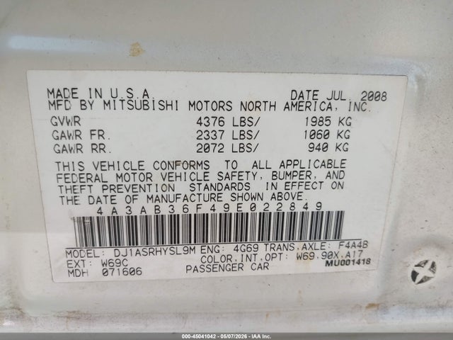 Aukcja sprzedaży 2009 Mitsubishi Galant Es/sport Edition, vin: 4A3AB36F49E022849, numer aukcji: 45041042