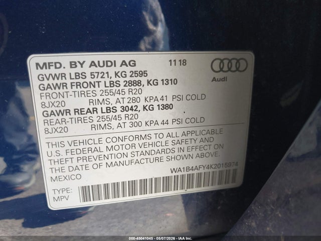 Продажа на аукционе авто 2019 Audi Sq5 3.0t Premium, vin: WA1B4AFY4K2015974, номер лота: 45041045
