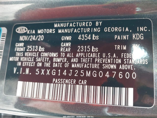 2021 Kia K5 Lxs მანქანა იყიდება აუქციონზე, vin: 5XXG14J25MG047600, აუქციონის ნომერი: 45041051