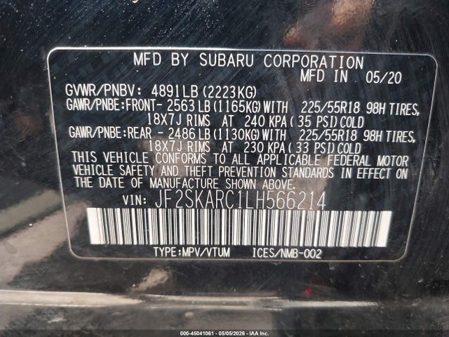 Продаж на аукціоні авто 2020 Subaru Forester Sport, vin: JF2SKARC1LH566214, номер лоту: 45041061