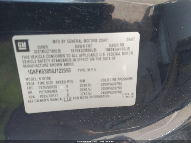 Продажа на аукционе авто 2008 Gmc Yukon Denali, vin: 1GKFK63858J122596, номер лота: 45041082