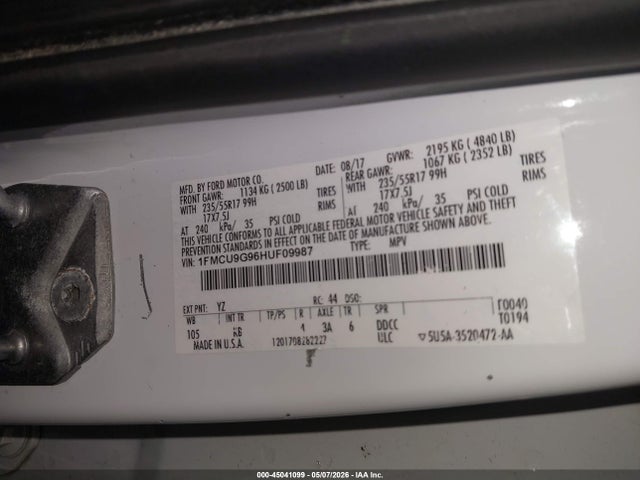 Aukcja sprzedaży 2017 Ford Escape Se, vin: 1FMCU9G96HUF09987, numer aukcji: 45041099