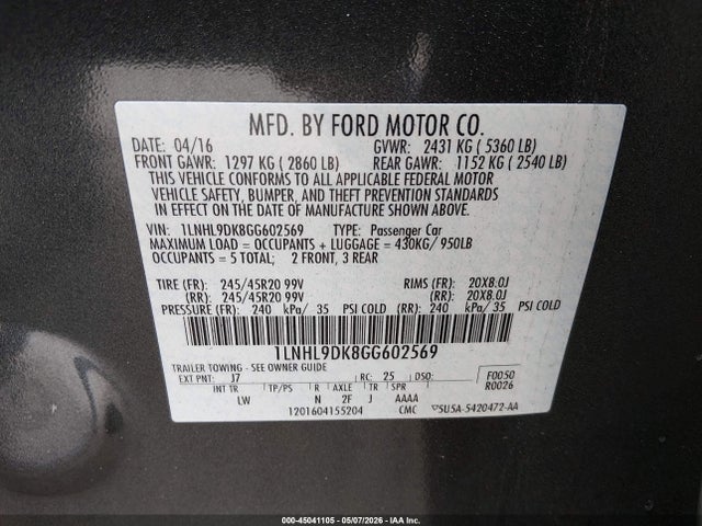 45041105 :رقم المزاد ، 1LNHL9DK8GG602569 vin ، 2016 Lincoln Mks مزاد بيع