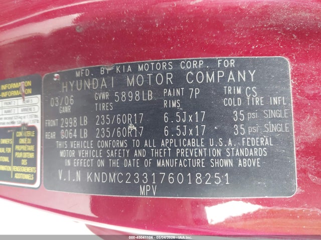 Aukcja sprzedaży 2007 Hyundai Entourage Gls/limited/se, vin: KNDMC233176018251, numer aukcji: 45041106