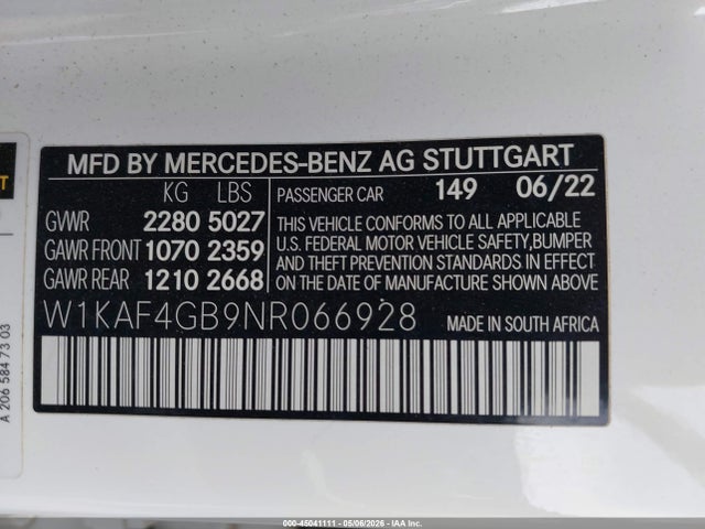 45041111 :رقم المزاد ، W1KAF4GB9NR066928 vin ، 2022 Mercedes-benz C 300 Sedan مزاد بيع