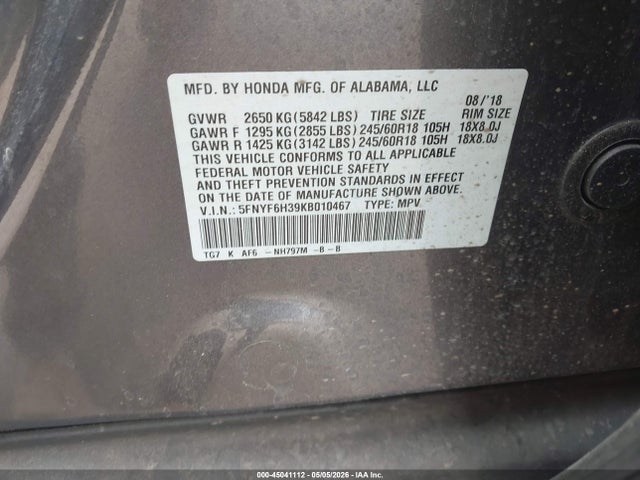 5FNYF6H39KB010467 Honda Pilot Ex