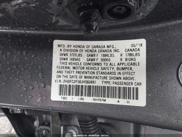 45041116 :رقم المزاد ، 2HGFC2F56JH560491 vin ، 2018 Honda Civic Lx مزاد بيع