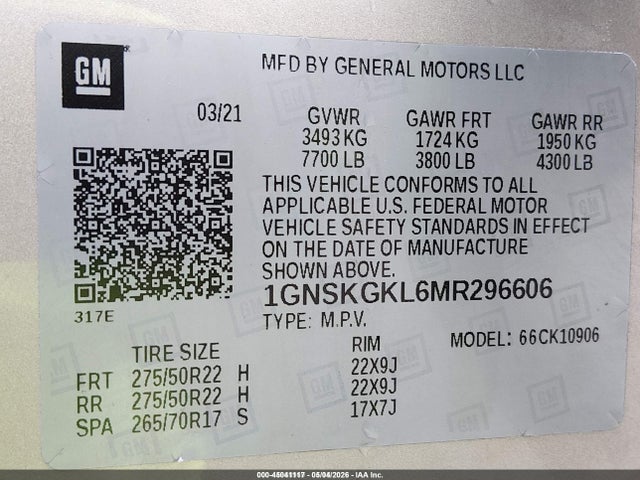 45041117 :رقم المزاد ، 1GNSKGKL6MR296606 vin ، 2021 Chevrolet Suburban 4wd High Country مزاد بيع