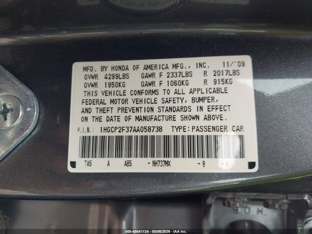 Aukcja sprzedaży 2010 Honda Accord 2.4 Lx, vin: 1HGCP2F37AA058738, numer aukcji: 45041124