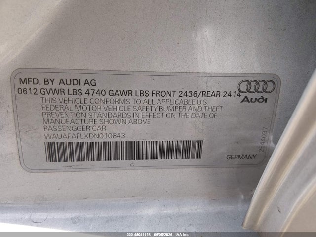 Aukcja sprzedaży 2013 Audi A4 2.0t Premium, vin: WAUAFAFLXDN010843, numer aukcji: 45041138