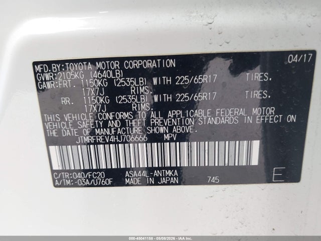 Aukcja sprzedaży 2017 Toyota Rav4 Xle, vin: JTMRFREV4HJ706666, numer aukcji: 45041158