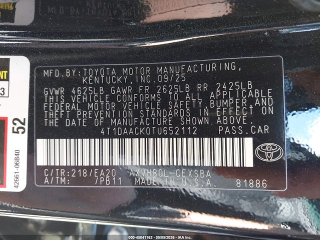 Продажа на аукционе авто 2026 Toyota Camry Se, vin: 4T1DAACK0TU652112, номер лота: 45041162