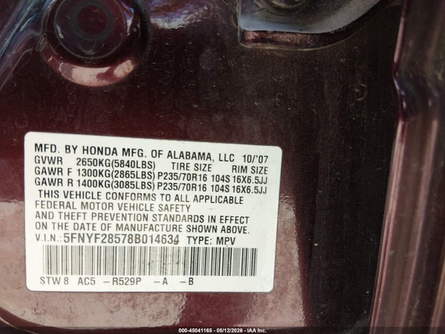 45041165 :رقم المزاد ، 5FNYF28578B014634 vin ، 2008 Honda Pilot Ex-l مزاد بيع