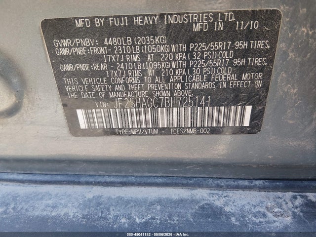 2011 Subaru Forester 2.5x Touring მანქანა იყიდება აუქციონზე, vin: JF2SHAGC7BH725141, აუქციონის ნომერი: 45041182