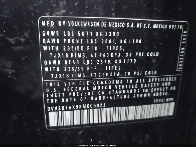 Aukcja sprzedaży 2019 Volkswagen Tiguan 2.0t Se/2.0t Sel/2.0t Sel R-line/2.0t Sel R-line Black, vin: 3VV2B7AX9KM005822, numer aukcji: 45041197