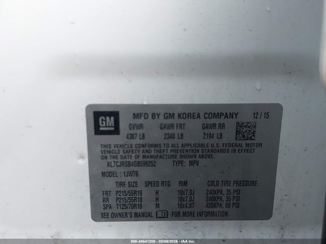Aukcja sprzedaży 2016 Chevrolet Trax Ltz, vin: KL7CJRSB4GB599252, numer aukcji: 45041208