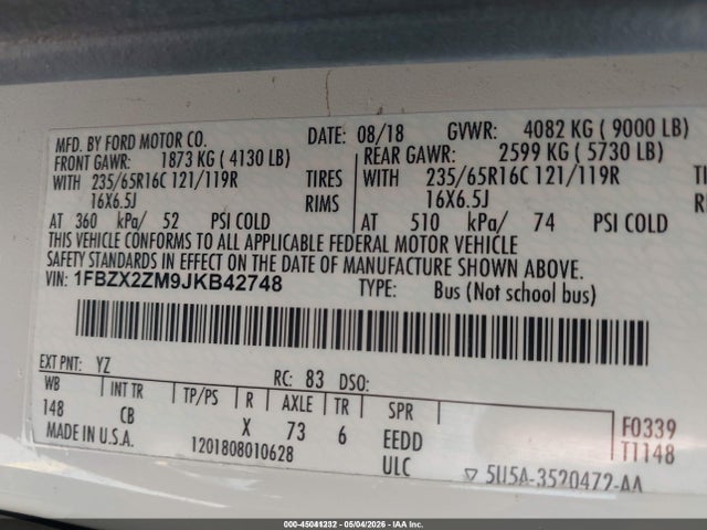 Продаж на аукціоні авто 2018 Ford Transit-350 Xl, vin: 1FBZX2ZM9JKB42748, номер лоту: 45041232