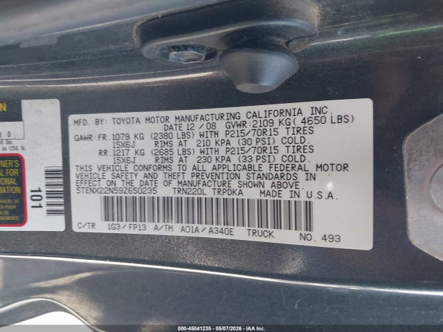 45041235 :رقم المزاد ، 5TENX22N59Z650235 vin ، 2009 Toyota Tacoma مزاد بيع