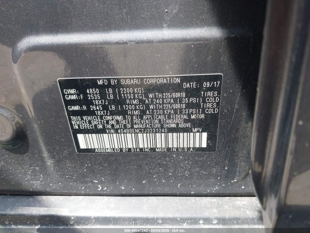 45041243 :رقم المزاد ، 4S4BSENC2J3231240 vin ، 2018 Subaru Outback 3.6r Limited مزاد بيع