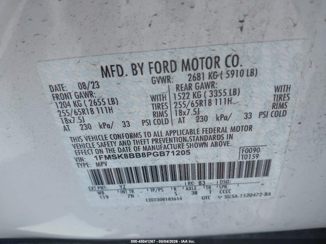 Продаж на аукціоні авто 2023 Ford Explorer, vin: 1FMSK8BB8PGB71205, номер лоту: 45041267