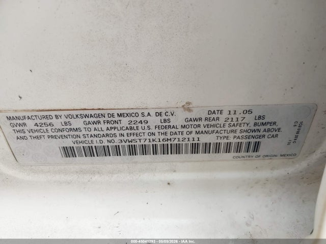 45041293 :رقم المزاد ، 3VWST71K16M712111 vin ، 2006 Volkswagen Jetta Tdi مزاد بيع