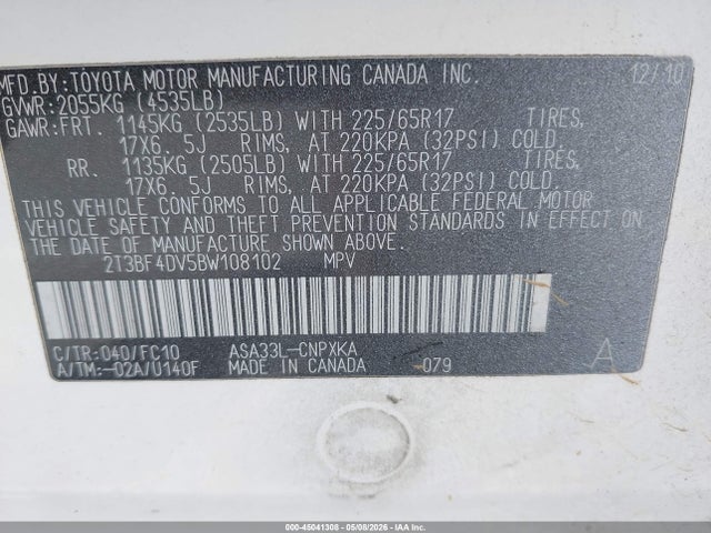 Aukcja sprzedaży 2011 Toyota Rav4, vin: 2T3BF4DV5BW108102, numer aukcji: 45041308