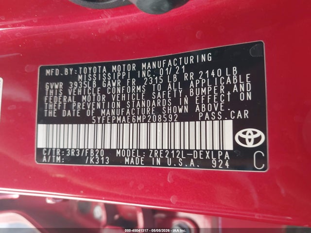 Toyota COROLLA LE 2021 5YFEPMAE6MP208592 Image 9