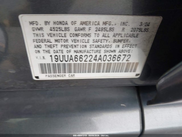 Продажа на аукционе авто 2004 Acura Tl, vin: 19UUA66224A036672, номер лота: 45041319