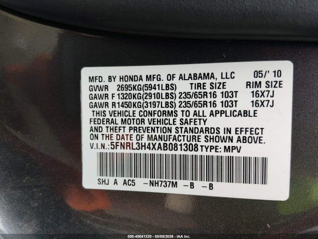 45041320 :رقم المزاد ، 5FNRL3H4XAB081308 vin ، 2010 Honda Odyssey Ex مزاد بيع