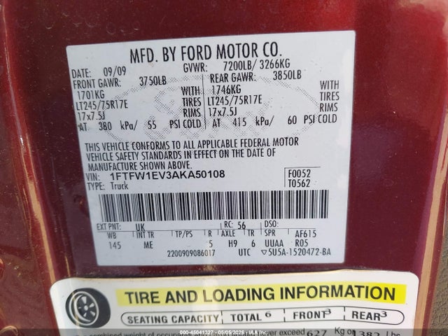 45041327 :رقم المزاد ، 1FTFW1EV3AKA50108 vin ، 2010 Ford F-150 Fx4/harley-davidson/king Ranch/lariat/platinum/xl/xlt مزاد بيع