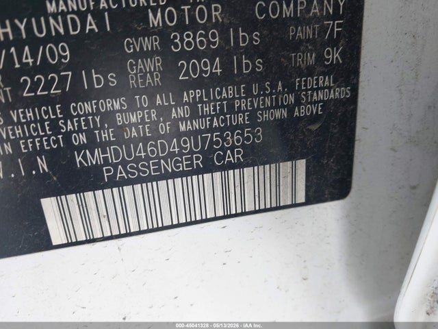 45041328 :رقم المزاد ، KMHDU46D49U753653 vin ، 2009 Hyundai Elantra Gls مزاد بيع