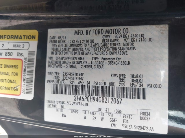 2016 Ford Fusion Se მანქანა იყიდება აუქციონზე, vin: 3FA6P0H94GR212067, აუქციონის ნომერი: 45041331