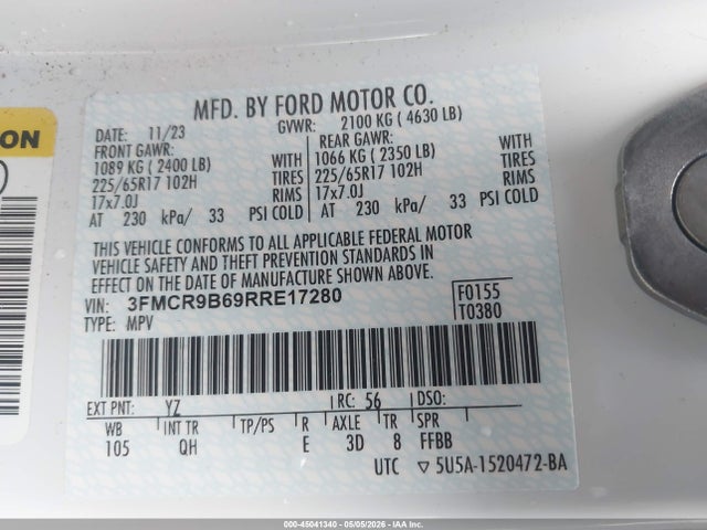2024 Ford Bronco Sport Big Bend მანქანა იყიდება აუქციონზე, vin: 3FMCR9B69RRE17280, აუქციონის ნომერი: 45041340