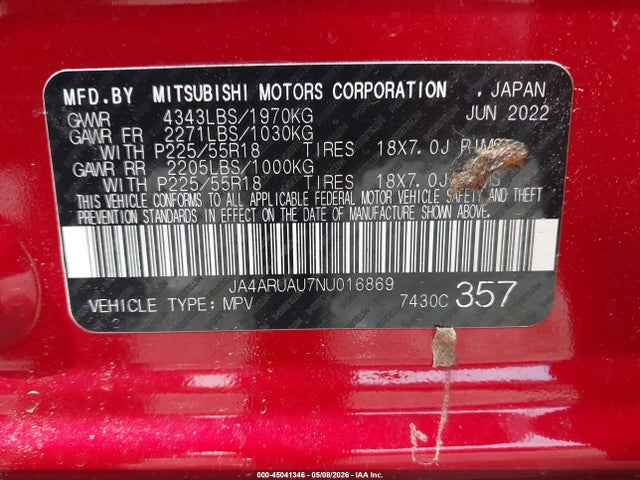 45041346 :رقم المزاد ، JA4ARUAU7NU016869 vin ، 2022 Mitsubishi Outlander Sport 2.0 Be Awc/2.0 Es Awc/2.0 Le Awc/2.0 Se Awc/2.0 Se Special Edition Awc مزاد بيع