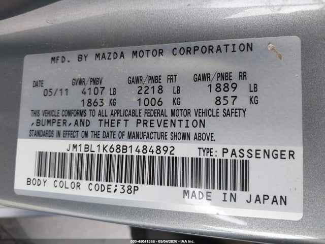 45041366 :رقم المزاد ، JM1BL1K68B1484892 vin ، 2011 Mazda Mazda3 S Sport مزاد بيع