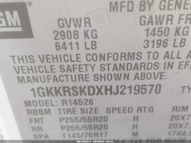 Aukcja sprzedaży 2017 Gmc Acadia Limited, vin: 1GKKRSKDXHJ219570, numer aukcji: 45041375