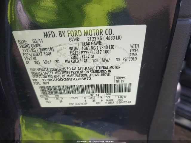 Aukcja sprzedaży 2011 Ford Escape Xlt, vin: 1FMCU9DG5BKB98672, numer aukcji: 45041382