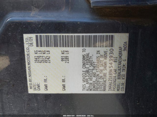 2009 Nissan Altima 2.5 S მანქანა იყიდება აუქციონზე, vin: 1N4AL21E89N543930, აუქციონის ნომერი: 45041391